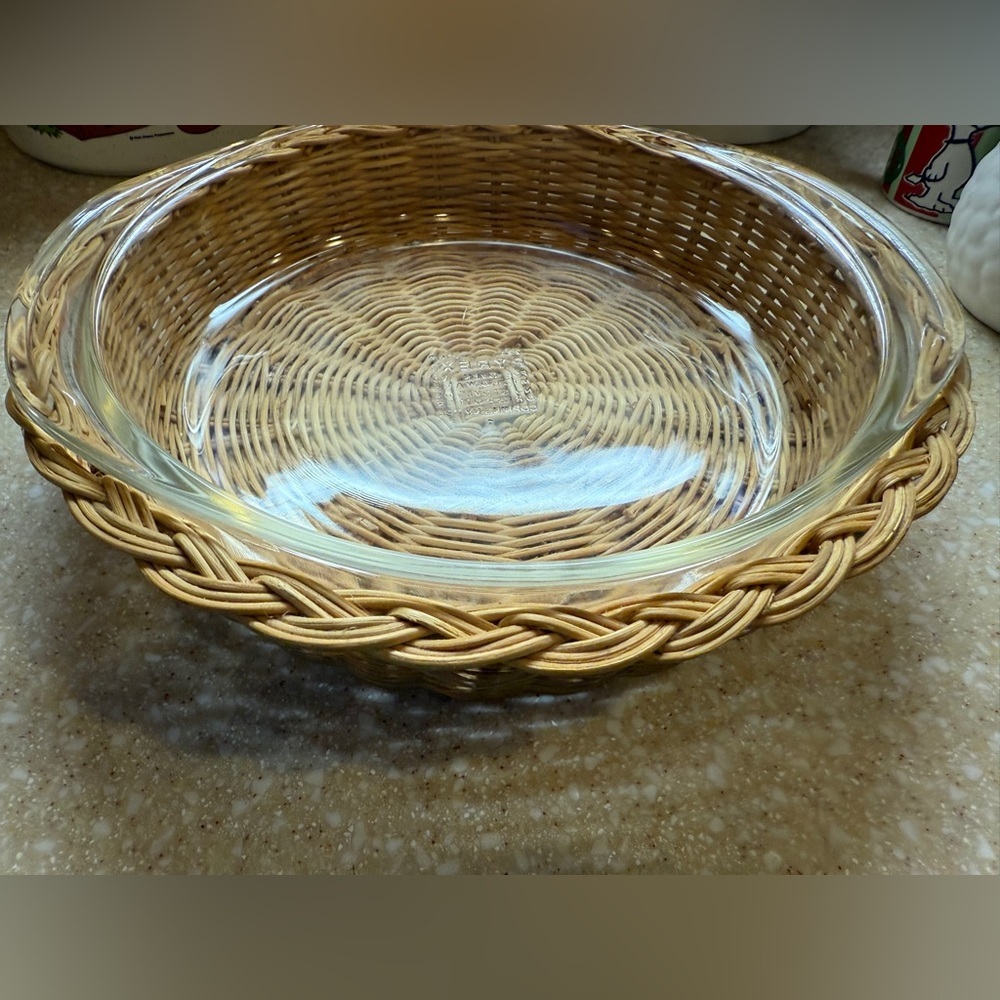Vintage Clear Pyrex Round Glass Dish with Wicker Basket